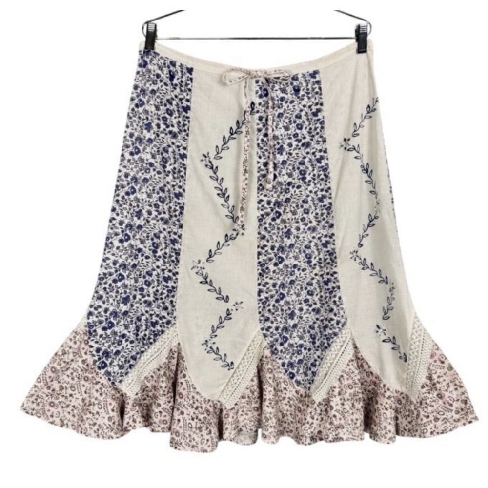 VTG Floral Lace Cotton Tier Knee Skirt Medium Boho Prairie‎ Festival Drawstring
